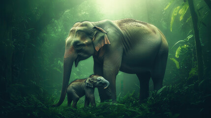 In heart of rainforest, Asian elephant and its calf stand together, surrounded by lush greenery and serene atmosphere