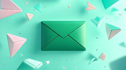 Stylish green envelope amidst pastel geometric shapes in a serene setting.