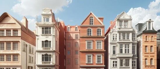 Fototapeta premium Diverse architectural styles showcasing a blend of traditional and contemporary buildings against a blue sky background