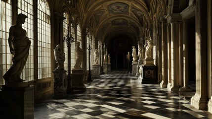 Sunlit classical hall with statues and checkered floor.