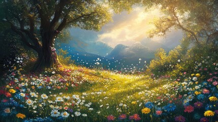 Obraz premium Vibrant wildflower meadow at sunset showcasing diverse blooms under golden light with majestic trees and distant mountains in the background