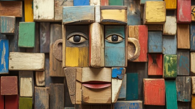 Wooden Toy Mosaic Face Art Crafted from Colorful Blocks and Shapes for Creative Design and Decor