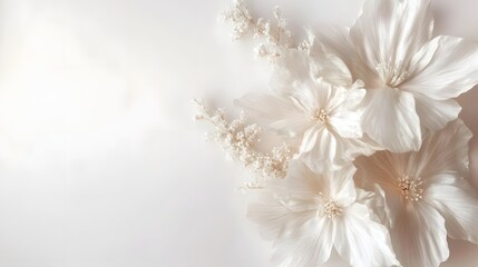 Delicate White Flowers and Dried Branches Arranged on White Background