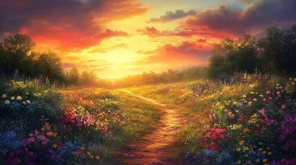 Pathway through a vibrant field at sunset surrounded by colorful flowers and lush greenery in a tranquil natural landscape scene.