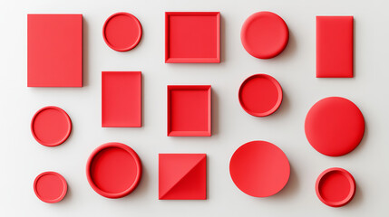 Red sticker paper texture, wrinkled adhesive label or price tag, crumpled glue badge 3d vector realistic set illustrations. Plastic round and rectangular badges isolated on white background