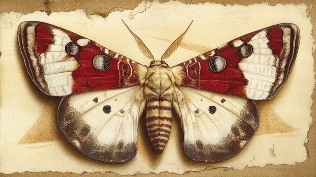 Detailed illustration of Creatonotos gangis moth showcasing its unique red and white hindwings and patterned brown forewings on textured background