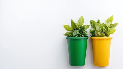 Fototapeta premium Two vibrant potted plants in green and yellow containers against a white background, showcasing a fresh and lively indoor gardening aesthetic.