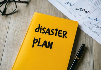 Yellow Notebook with Disaster Plan Text on Table with Charts