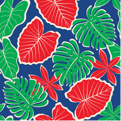 Abstract seamless tropical pattern with bright plants and leaves on a dark blue background. Trendy summer Hawaii print. Summer colorful hawaiian seamless pattern with tropical plants.