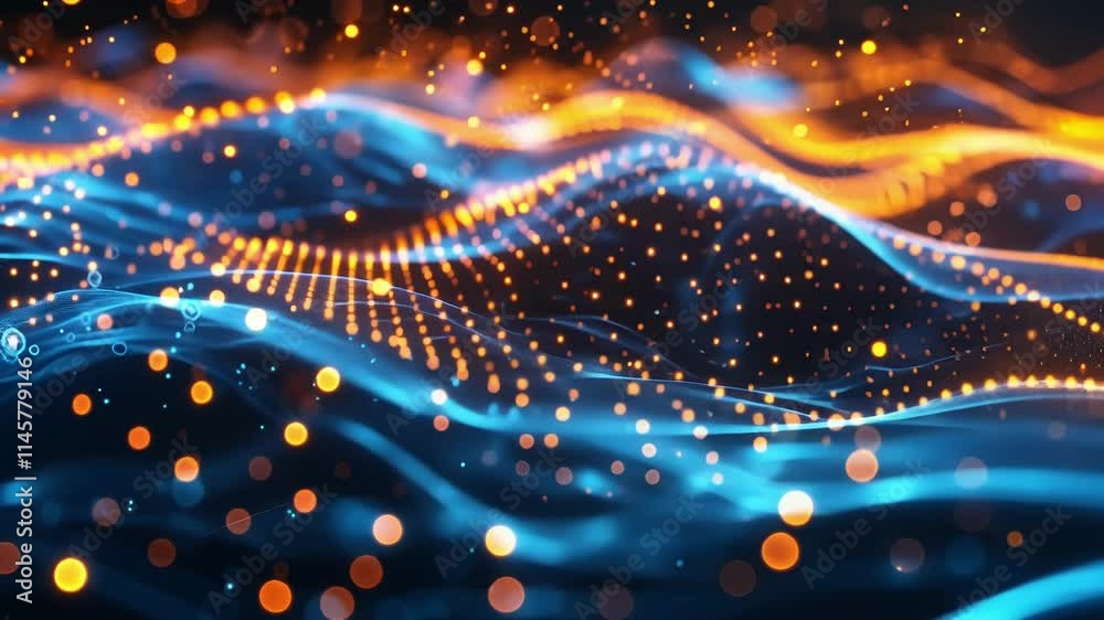 Poster abstract digital wave particles flowing in cyberspace with bokeh and light effects, creating a futur