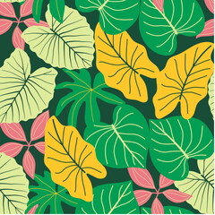 Abstract seamless tropical pattern with bright plants and leaves on a green background. Beautiful print with hand drawn floral plants. Jungle leaf seamless vector floral pattern background.