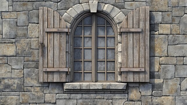 Medieval building facade featuring a rustic arched window with wooden shutters against a stone wall background