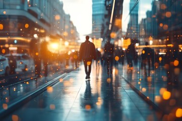 Evening stroll through a vibrant city street with reflections and glowing lights