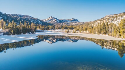 Serene winter lake reflecting snow-capped mountains under a clear blue sky.