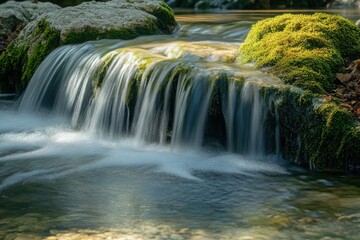 Obraz premium A Serene Clear Stream Cascading Over a Mossy Cove Surrounded by Lush Foliage Perfect for Nature Lovers and Photography Enthusiasts