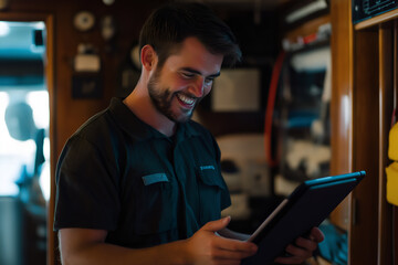 Fototapeta premium Smiling offshore operations coordinator, reviewing data on a tablet, looking at camera, Close-up outdoors portrait