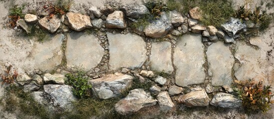 Obraz premium Stone pathway with weathered stones and natural vegetation creating a rustic trail in a serene outdoor environment.