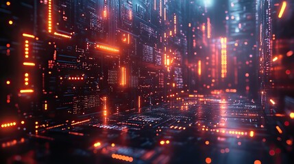 Neon lights, futuristic connection boards, and 3D circuits represent cyber software, programming network information technology, servers in digital computing, cybersecurity, and electronics.