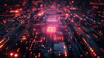 Neon lights, futuristic connection boards, and 3D circuits represent cyber software, programming network information technology, servers in digital computing, cybersecurity, and electronics.