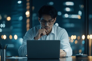 Late night work session by a focused man in a city office setting with bright lights in the background