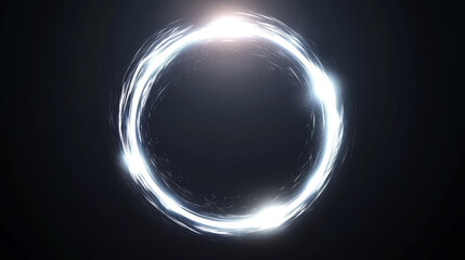 White neon glowing circle. Realistic vector illustration of light lens flare effect of circular shape with bright sparkle and streak. Shiny glare ring with ray and highlight. Luminous round frame.