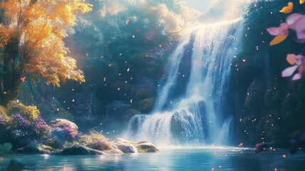 Serene Waterfall Surrounded by Lush Greenery and Blossoming Flowers in a Tranquil Natural Landscape Scene