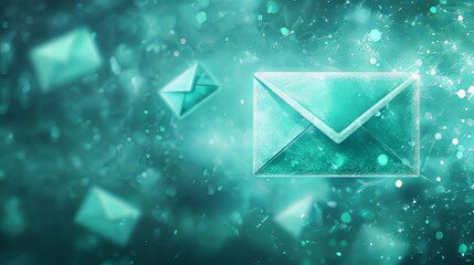 Stylized turquoise mail envelope floating among shimmering elements.