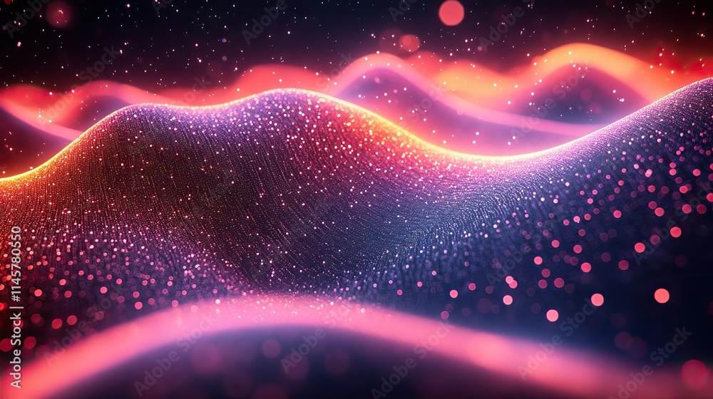 Wall mural neon waves and lines of particles represent connection, cybersecurity, futuristic technology, digita