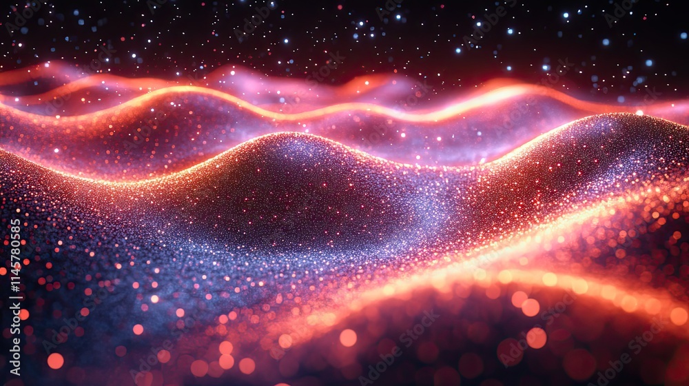 Wall mural neon waves and lines of particles represent connection, cybersecurity, futuristic technology, digita