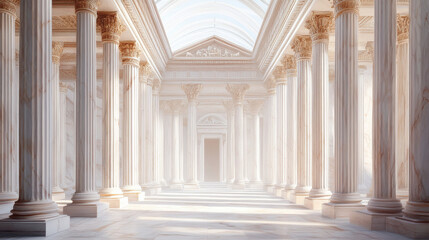 Fototapeta premium Ancient greek temple with pillars. Vector realistic antique building front with white marble arches and columns with capital in doric style. Background with roman palace entrance