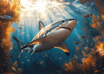 Obraz premium Majestic Shark Among Fish in the Depths of the Ocean in a Vibrant Scene