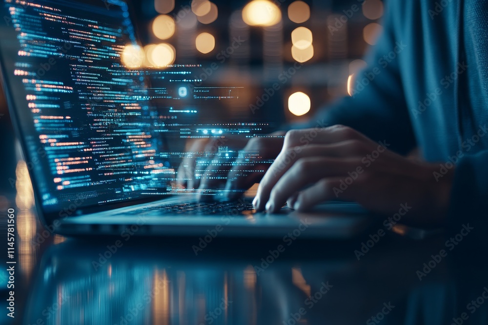 Poster coding in a modern workspace during evening hours with glowing screens and data visuals