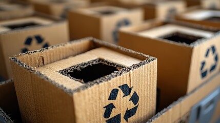 Fototapeta premium Open cardboard boxes with recycle symbol on a white background represent packaging, empty gifts, arts, crafts, delivery, shipping, and service.