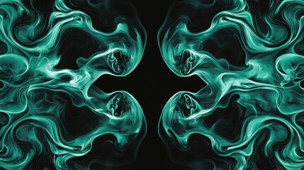 Obraz premium Alien green smoke swirling in a symmetrical pattern on a deep black background creating an abstract and mystical atmosphere.
