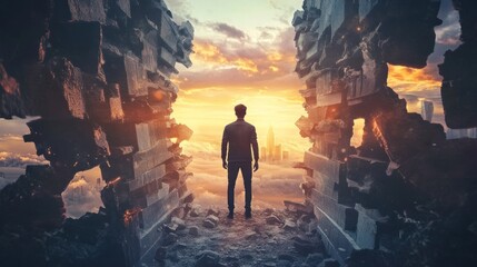 Man Facing a New Dawn: Breakthrough to a Futuristic Cityscape