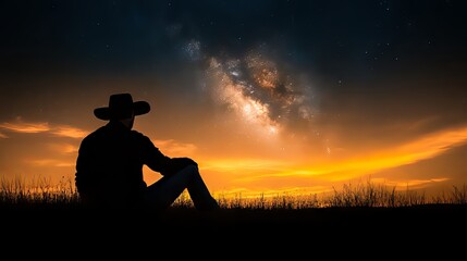 Silhouette of a man in a cowboy hat gazing at a starry sunset sky.