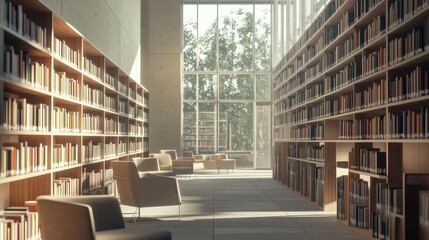 Modern library or bookstore interior with Learning and coworking space,relax zone,Library with rows of bookshelves arranged,school,university,shared desk and chairs,panoramic window.
