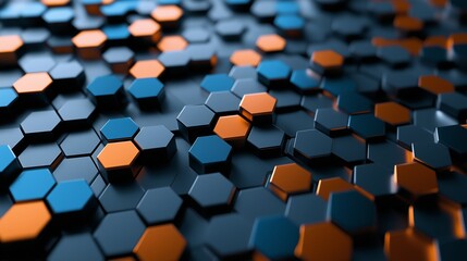 Obraz premium Stunning 3D black, blue, and orange hexagon pattern, perfect for tech themes and digital art!