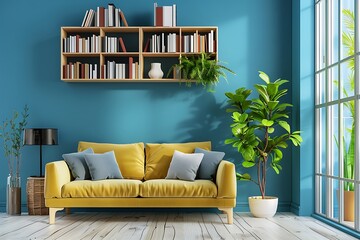 A Modern Living Room with Blue Walls, a Bookcase, and a White Armchair, Modern home room living room blue wall interior with wood shelves, Blue Wall Room with White Bookshelf, Armchair, and Plant.