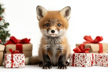 Obraz premium Playful baby fox surrounded by christmas gifts cozy living room high fidelity photography warm holiday atmosphere