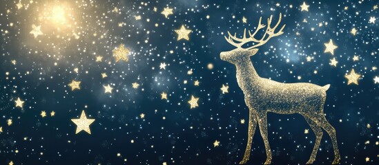 Elegant Christmas card design showcasing a silhouette of a reindeer against a night sky filled with shimmering stars and cosmic elements.