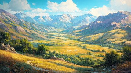 Fototapeta premium Lush picturesque valley landscape surrounded by majestic mountains under a vibrant blue sky with fluffy white clouds.