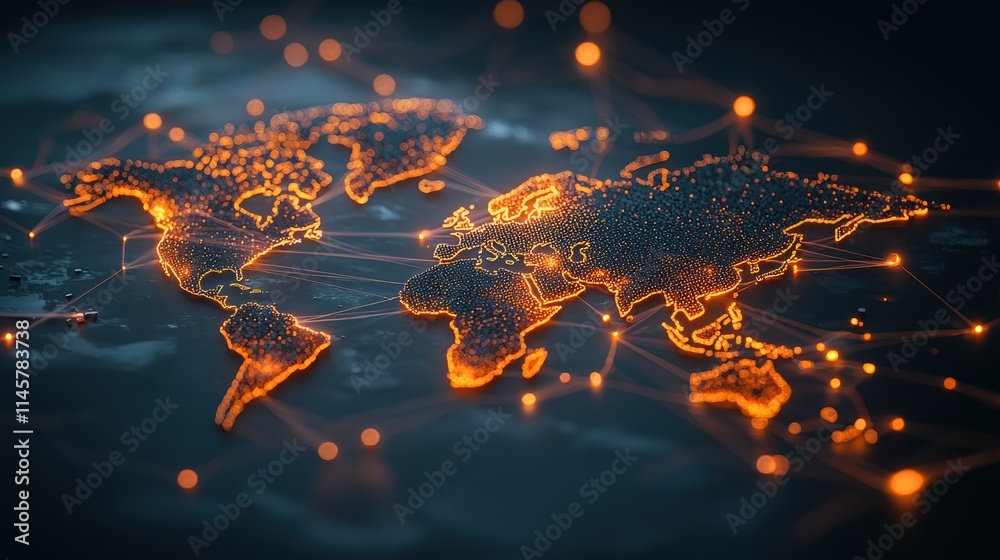 Poster a digital map displaying real time data on global trade flows, showcasing the intricate web of comme