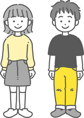 立っている男の子と女の子のかわいい線画イラスト