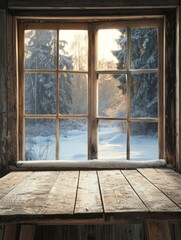 Fototapeta premium Rustic Wooden Window Winter Scene Snowy Forest View