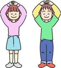 手でOKマークを作る男の子と女の子のかわいい線画イラスト