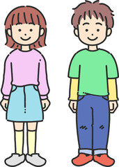 立っている男の子と女の子のかわいい線画イラスト

