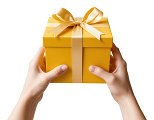 A person holds a gift box in his hands, on transparent background. 