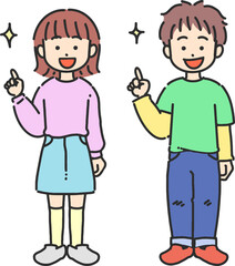 指差しする男の子と女の子のかわいい線画イラスト