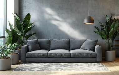 Modern living room interior with grey sofa, large plants, and city view.